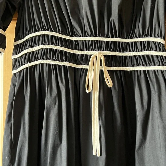 English Factory Bow with Puff Sleeve Midi Cotton Black Dress - Picture 4 of 8